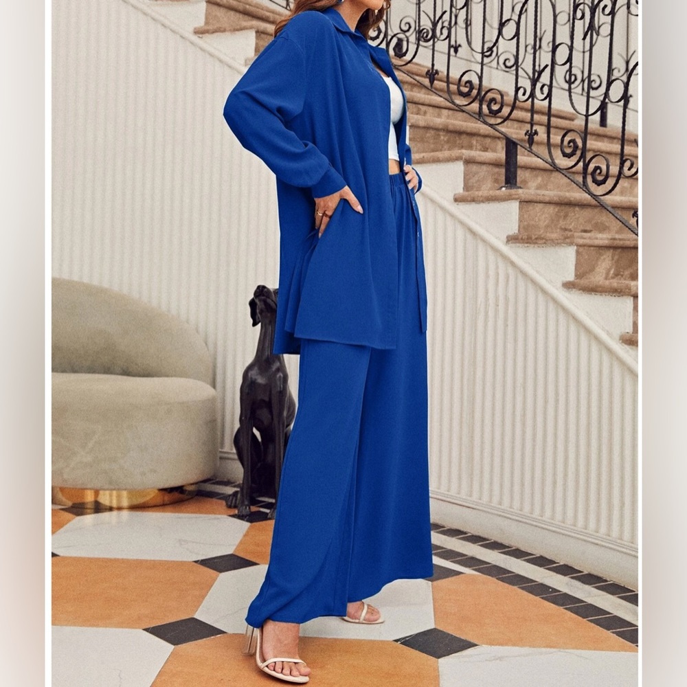 Frenchy  Drop Shoulder Button Front Blouse & Wide Leg Pants - Picture 5 of 8